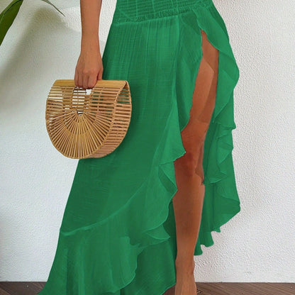 Women's Sexy Asymmetrical High Slit Beach Maxi Skirt - Lightweight Flowy Ruffle Trim, Elastic Waistband & Shirred Pleated Design, Semi-Sheer Solid Color for Summer Vacation, Poolside, or Evening Out, Beach Dresses, Poolside A