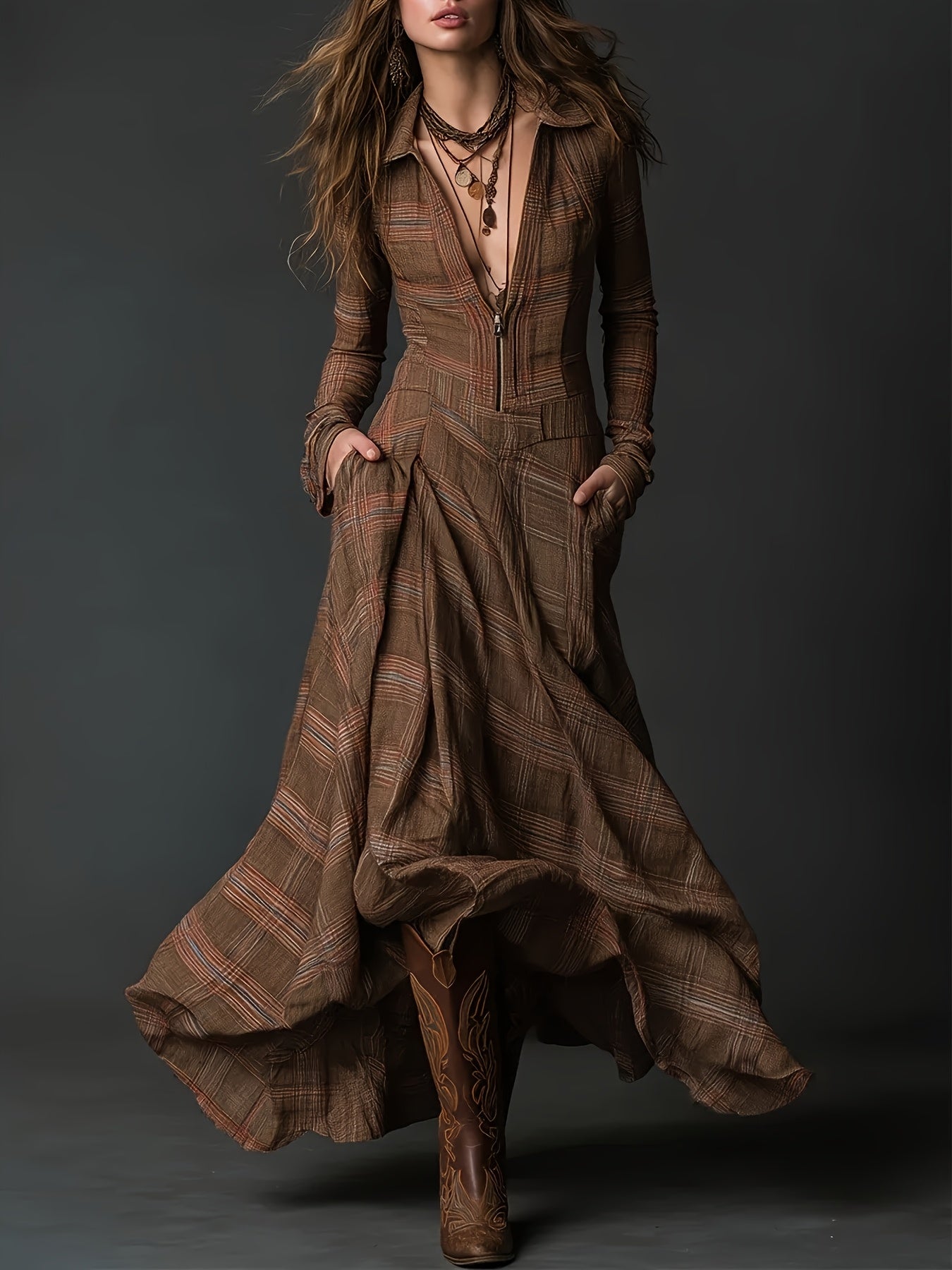 Brown Retro Checkered Print Stand-up Collar Front Zipper Long Dress, Casual, Elegant And Fashionable for Outings And Dinners