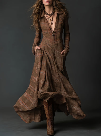 Brown Retro Checkered Print Stand-up Collar Front Zipper Long Dress, Casual, Elegant And Fashionable for Outings And Dinners