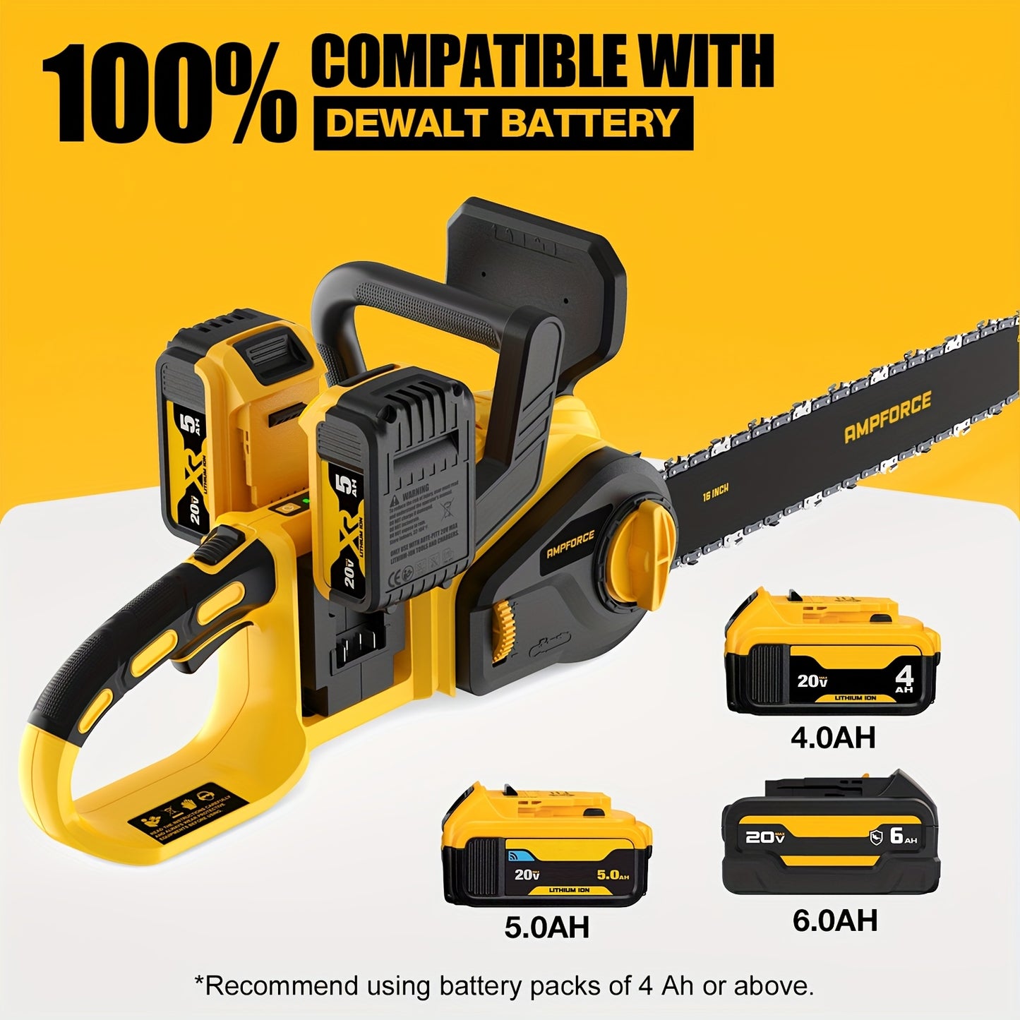 AMPFORCE 16-Inch Brushless Chainsaw 36V, Compatible With DewaIt Battery, Brushless Motor 8000RPM, Chains Brake, Auto Lubrication, Compact Design, Ideal For Efficient Wood/Tree Cutting And Pruning, Bare Tool (Without Battery)