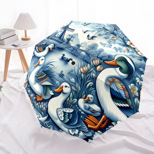 Automatic Open/Close Umbrella with 8-Rib Windmill & Duck Design - Heavy-Duty Plastic Handle, Compact Folding Umbrella with Auto-Open Mechanism, Portable Sunshade For Halloween, Christmas Gifts, Travel, Everyday Use - Durable