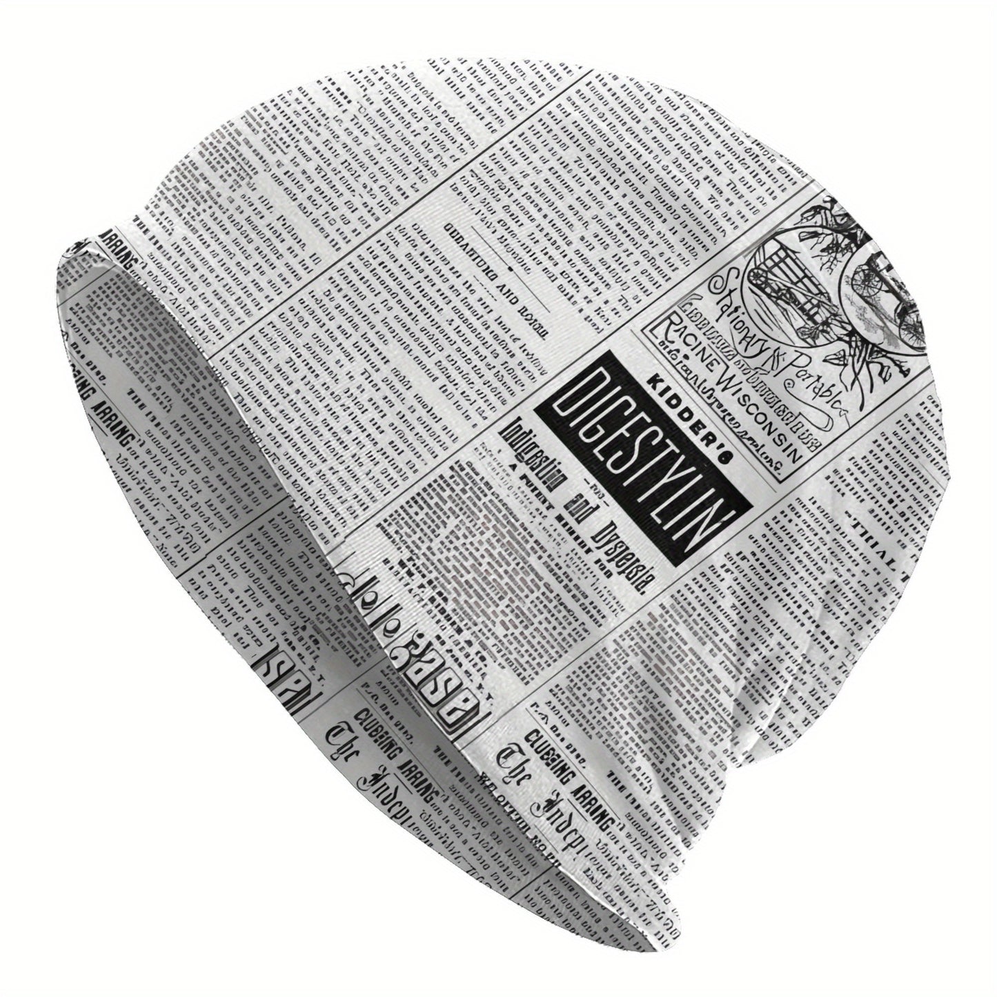 Vintage Newspaper Print Soft Knit Beanie Hat for Men & Women - Funky Style, Stretchy & Comfortable Ski Cap, Hand Washable, White with Black Text Design, Winter Hat