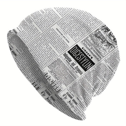 Vintage Newspaper Print Soft Knit Beanie Hat for Men & Women - Funky Style, Stretchy & Comfortable Ski Cap, Hand Washable, White with Black Text Design, Winter Hat
