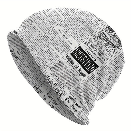 Vintage Newspaper Print Soft Knit Beanie Hat for Men & Women - Funky Style, Stretchy & Comfortable Ski Cap, Hand Washable, White with Black Text Design, Winter Hat