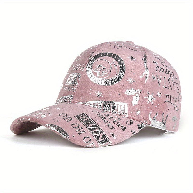 1pc Christmas Reflective Baseball Cap Adjustable Lightweight Polyester Vintage Distressed Six-Panel Street Style Cap with Random Print Patterns (Stars/Hearts/Music Notes) - Unisex Casual & Festive Holiday Accessory, Streetwea