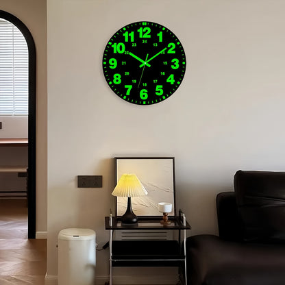 1pc Glow-in-the-Dark Wall Clock - 12 Inch Silent Non-Ticking Vinyl Round Clock with Green Numbers & Hands, Flat Crown Design, AA Battery Operated (Not Included) for Bedroom & Living Room Decor, Clock for Living Room, Durable