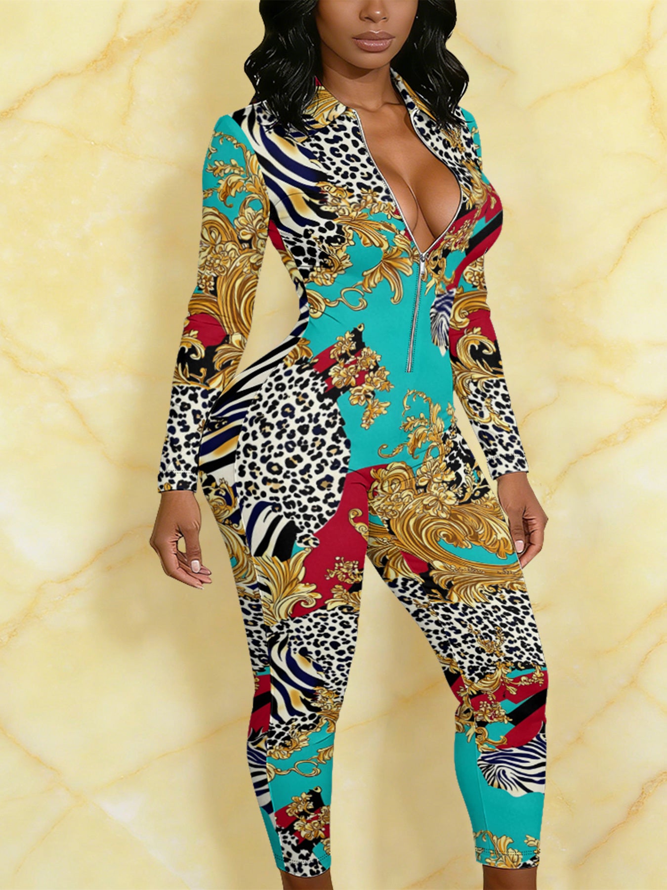 Ladies' Four-season Long-sleeved Sexy Jumpsuit, Front Zipper Design, Light Style, Fashionable Full-print, Perfect for Daily Outings and Casual Wear, Fashionable and Sexy Outfit