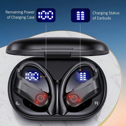 Open-Ear Wireless Earbuds Bluetooth Earbuds with 120-Hour Battery Life Bluetooth 5.4, SportsEarbuds with Built-in Microphone Wireless Charging Case with LED Display Wireless BlackWith Ear Hooks for Workouts, Running, And Gym