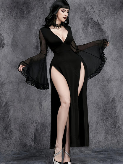 Women's Gothic Sexy V-Neck High Slit Sleeve Lace Trim Party Wedding Dress, Black Long Sleeve Formal Ball Evening Gown for Wedding Guests, Graduation, Dinner