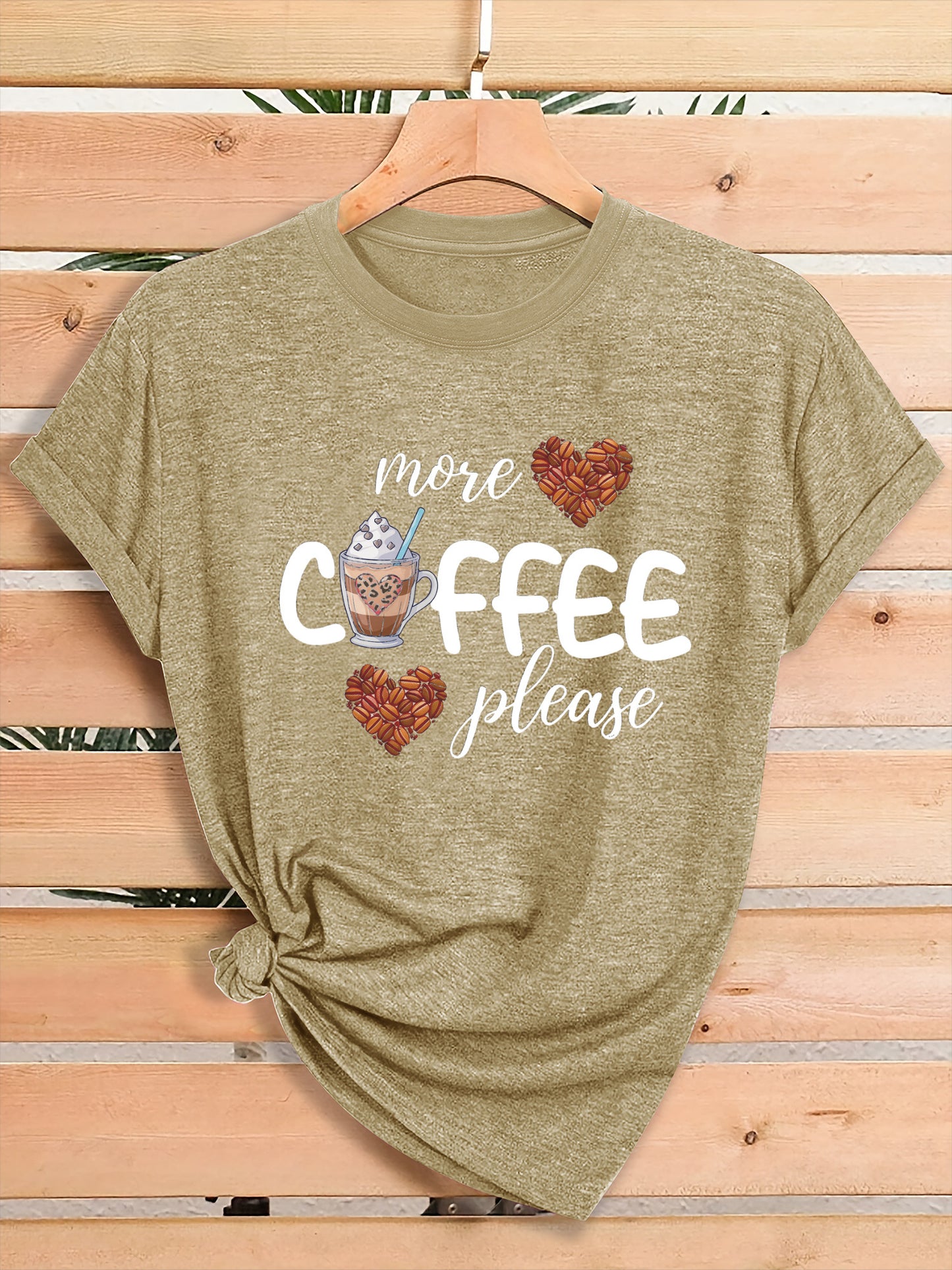 Women'S Coffee Lover Graphic T-Shirt - "More COFFEE Please" Print with Coffee Beans & Heart Eyes - Soft Stretch Round Neck Casual Streetwear Top for Gym, Casual Attire & Coffee Shop Outfits - All-Season Comfort Fit Tee, Coffe