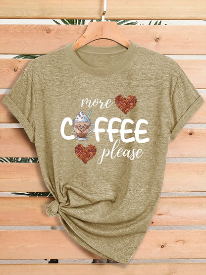 Women'S Coffee Lover Graphic T-Shirt - "More COFFEE Please" Print with Coffee Beans & Heart Eyes - Soft Stretch Round Neck Casual Streetwear Top for Gym, Casual Attire & Coffee Shop Outfits - All-Season Comfort Fit Tee, Coffe