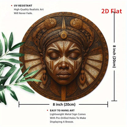 2D Flat, 1pc African Mask Round Metal Wall Art - Vibrant & Tranquil Decor for Living Room, Bedroom, Porch, Front Door - No Electricity Needed, Artistic Design with Textured Metal Finish, Perfect for Room Decor, African Home D