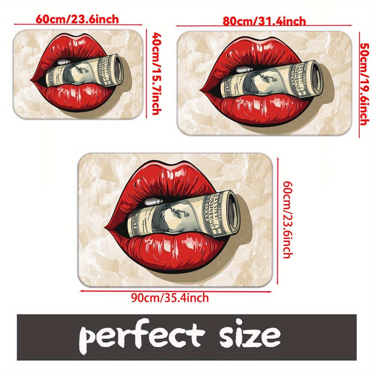 1pc Red Lips with Money Visual Door Mat - Microfiber, Absorbent, Machine Washable Polyester Rug for Bathroom, Bedroom, Living Room Entrance, Bathroom Mat | Artistic Floor Mat | Durable Floor Covering, Bathroom Decor