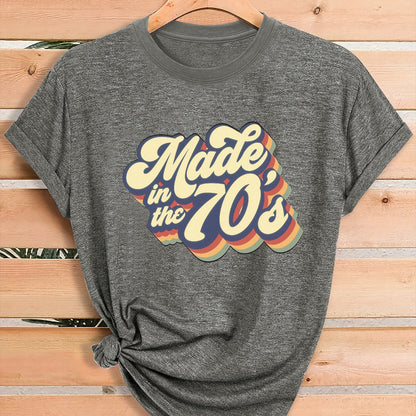 Women'S Vintage 70s Graphic T-Shirt - Retro "Made in the 70s" Print with Rainbow Lettering & 70s Icons, Loose Fit Casual Tee for Gym, Casual Attire & 70s Themed Parties - Soft Breathable Round Neck Summer Top, Local Warehouse