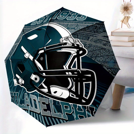 Philadelphia Football Team Spirit Automatic Opening/Closing Umbrella - 8-Rib All-Weather Foldable Travel Umbrella with Teal & Golden City Skyline & Logo Design, Portable for Daily Use, Sports Events, Gift for Fans
