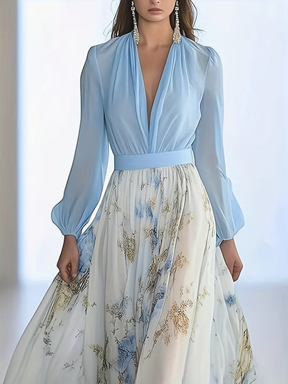Elegant Long Dress for Women with a Deep V-Neck, Featuring a Bohemian Floral Chiffon Design