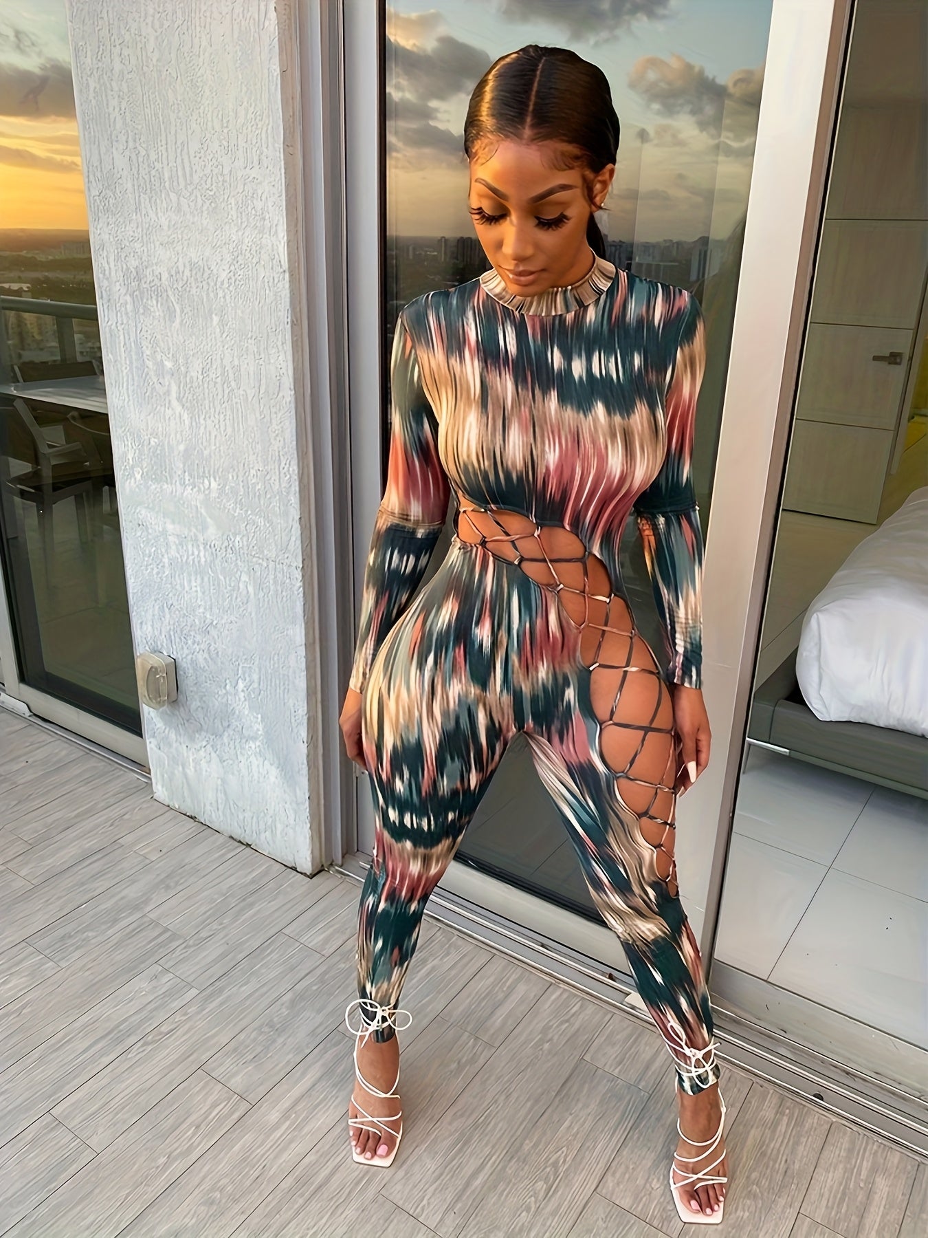 6636 Autumn And Winter Women's Long Sleeve Colorful Christmas Printed Straps Personality Slim Jumpsuit Jumpsuit