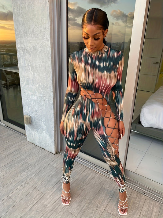 6636 Autumn And Winter Women's Long Sleeve Colorful Christmas Printed Straps Personality Slim Jumpsuit Jumpsuit