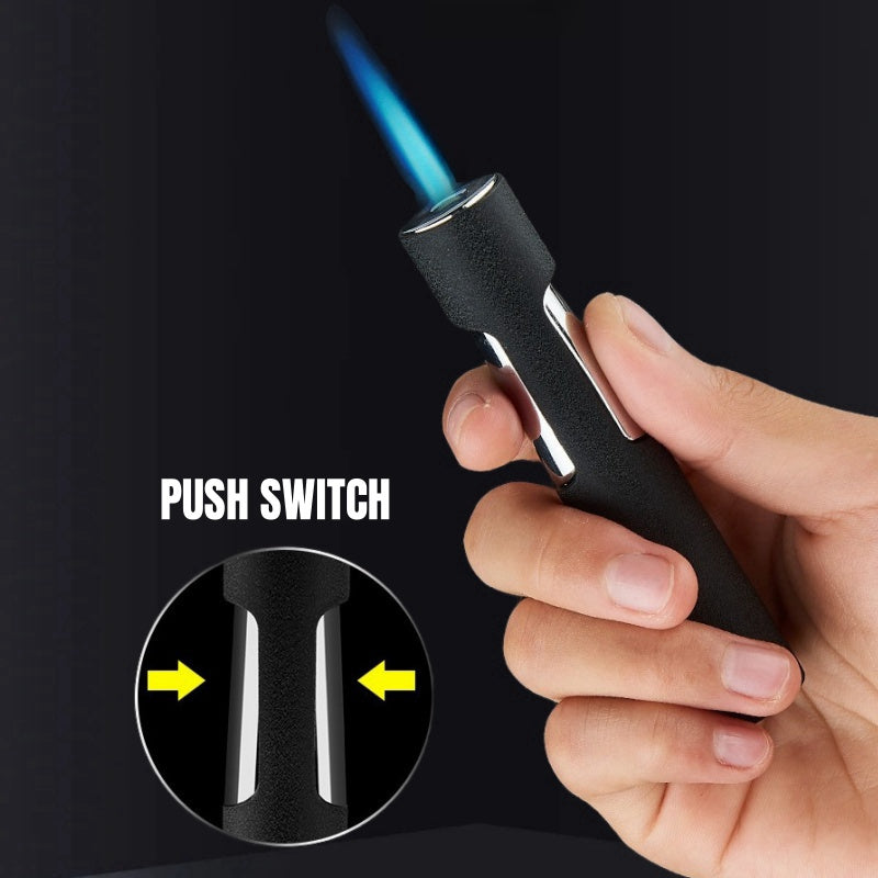 Stylish Push Lighter Designed for Outdoor Use, Featuring a Windproof Design And a Straight Blue Flame. This Mini Portable Spray Torch Is Refillable with Butane Gas And Has an Adjustable Flame. It'S an Ideal Gift for Your Boyf
