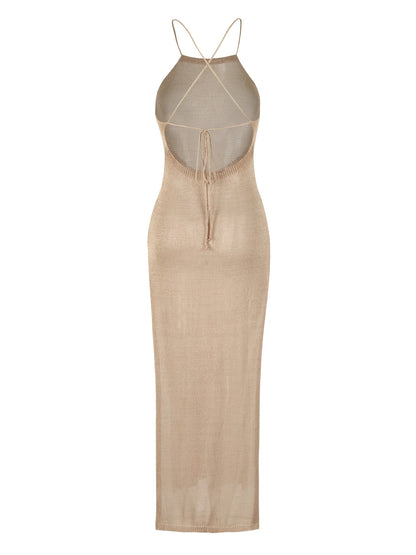 Hollow Out Knitted Backless Crisscross Strap Tie Back Side Split Elegant Resort Wear Cover Up Dress - Women's Swimwear & Clothing - For Summer Vacations & Beachwear - Perfect Gift for Women