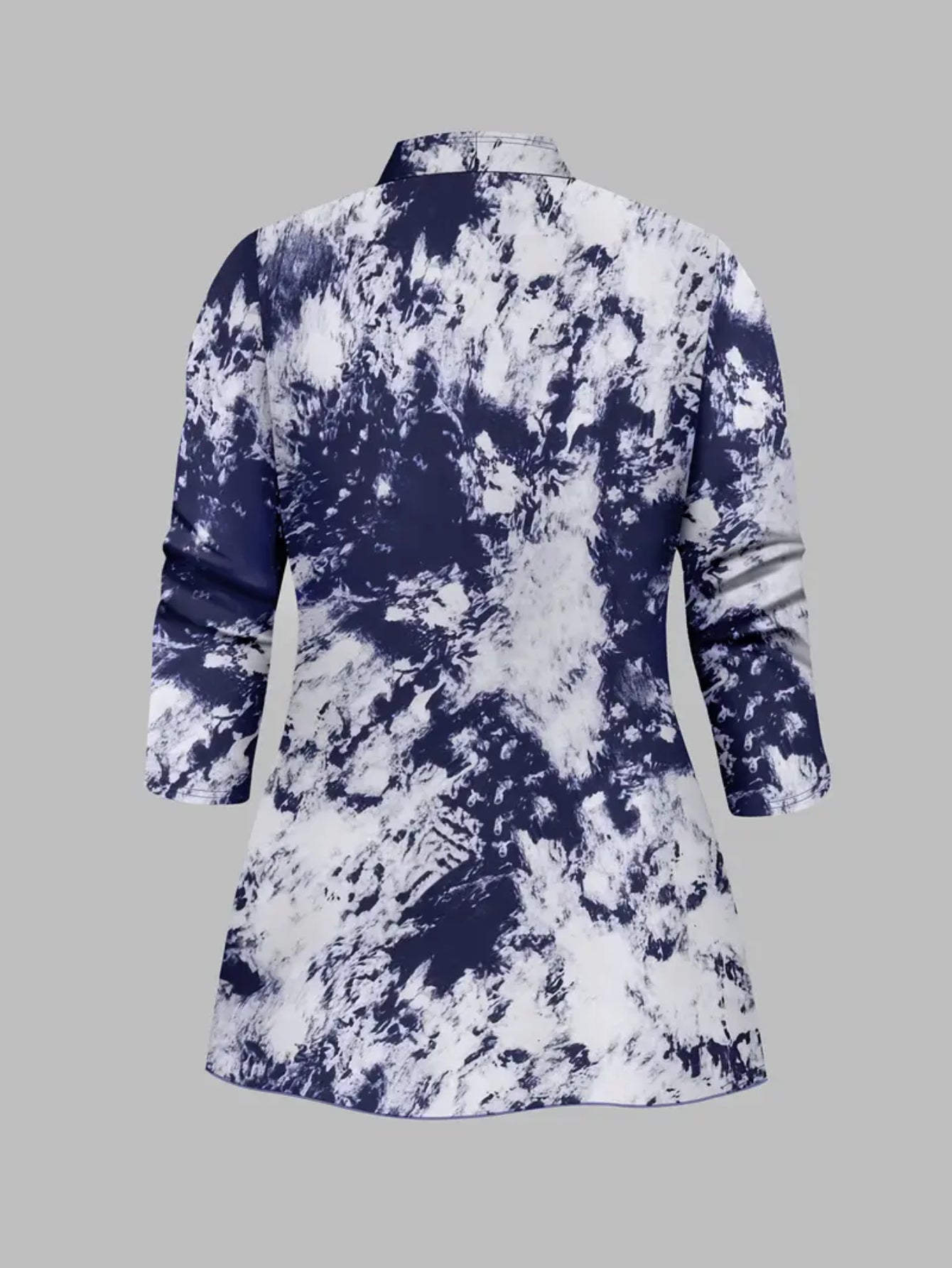 A Blue And White Tie-Dye Three-Piece Set: Long Cardigan + Top + Denim Trousers. Women'S | Stylish And Casual Design, Suitable for Everyday Outings And Casual Wear.