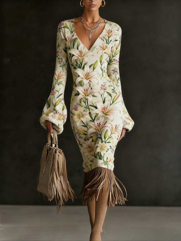 Autumn And Winter New Cross-border European And American Style Flower Dress, Loose V-neck Long Sleeves, Retro Tassel Decoration Exquisite Printing, Skin-friendly Pendant Without Wrinkle, Daily Dating Commuting Versatile Cross