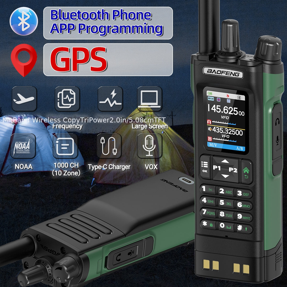 BAOFENG UV-32 Long Range Walkie Talkie, Dual-Purpose Radio GPS 10W Long Range Handheld NOAA Weather Receiver Rechargeable Dual-Purpose Radio with GPS, AM, Copy Frequency, USB-C Rechargeable Battery for Camping and Hiking, Two