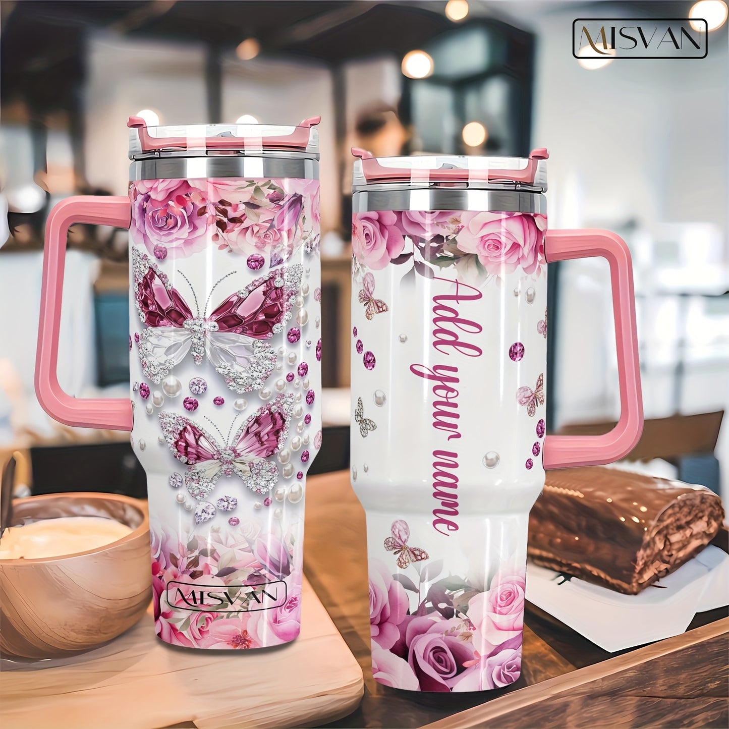1pc Customized Name Stainless Steel Tumbler | 20oz/22oz/40oz Insulated Water with Lid, Reusable, Round Shape, 304 Stainless Steel, Ideal for Easter, Thanksgiving, Father'S Day, Mother'S Day, Graduation, White Diamond Butterfl