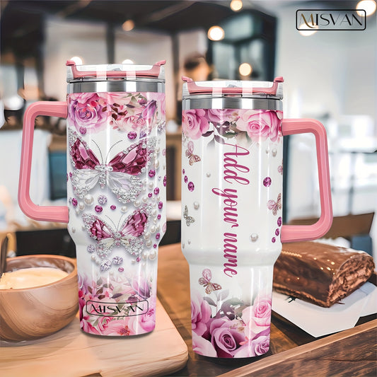 1pc Customized Name Stainless Steel Tumbler | 20oz/22oz/40oz Insulated Water with Lid, Reusable, Round Shape, 304 Stainless Steel, Ideal for Easter, Thanksgiving, Father'S Day, Mother'S Day, Graduation, White Diamond Butterfl