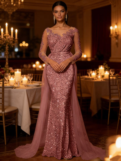 Women'S Multi-Color Sequin Mermaid Formal Gown | Long Sleeve Illusion Top Cape Train Evening Dress, Perfect for Prom, Gala Nights, Wedding Guest Events & Luxury Occasions
