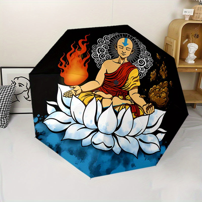 Avatar 4-Themed Automatic Folding Umbrella - 8-Rib Durable Windproof Design, Black with White & Golden Artwork, Portable Travel Umbrella for Commuting, Beach, or Holiday Gifts, Commuting Accessory, Stylish Accessory, Sturdy H
