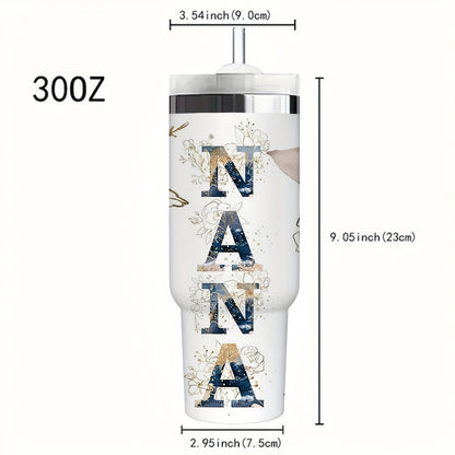 1pc 30oz Floral NANA Stainless Steel Insulated Tumbler with Lid & Straw, Double-Wall Vacuum Insulated Cup for Hot & Cold Drinks, Perfect for Outdoor Travel, Birthday & Holiday Gifts, Travel Drinkware | Floral Pattern Tumbler