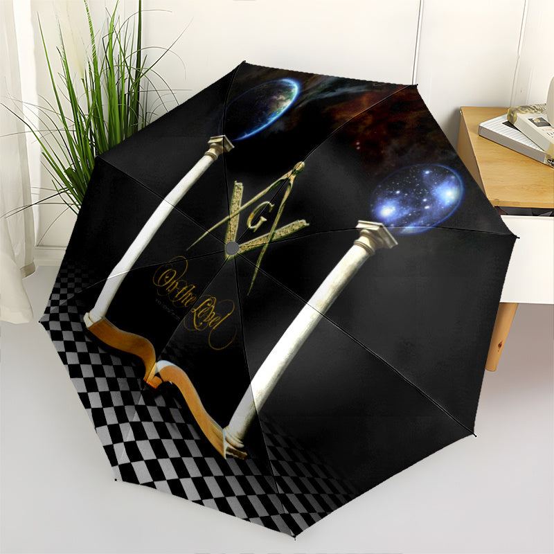Masonic Symbolism Umbrella - Cute Cartoon Masonic Emblem Foldable Umbrella with Durable Iron Frame, 8-Rib Structure, Automatic Open, All-Season Multi-Functional for Home, Travel & Outdoor Use, Stylish Black & Golden Design, O