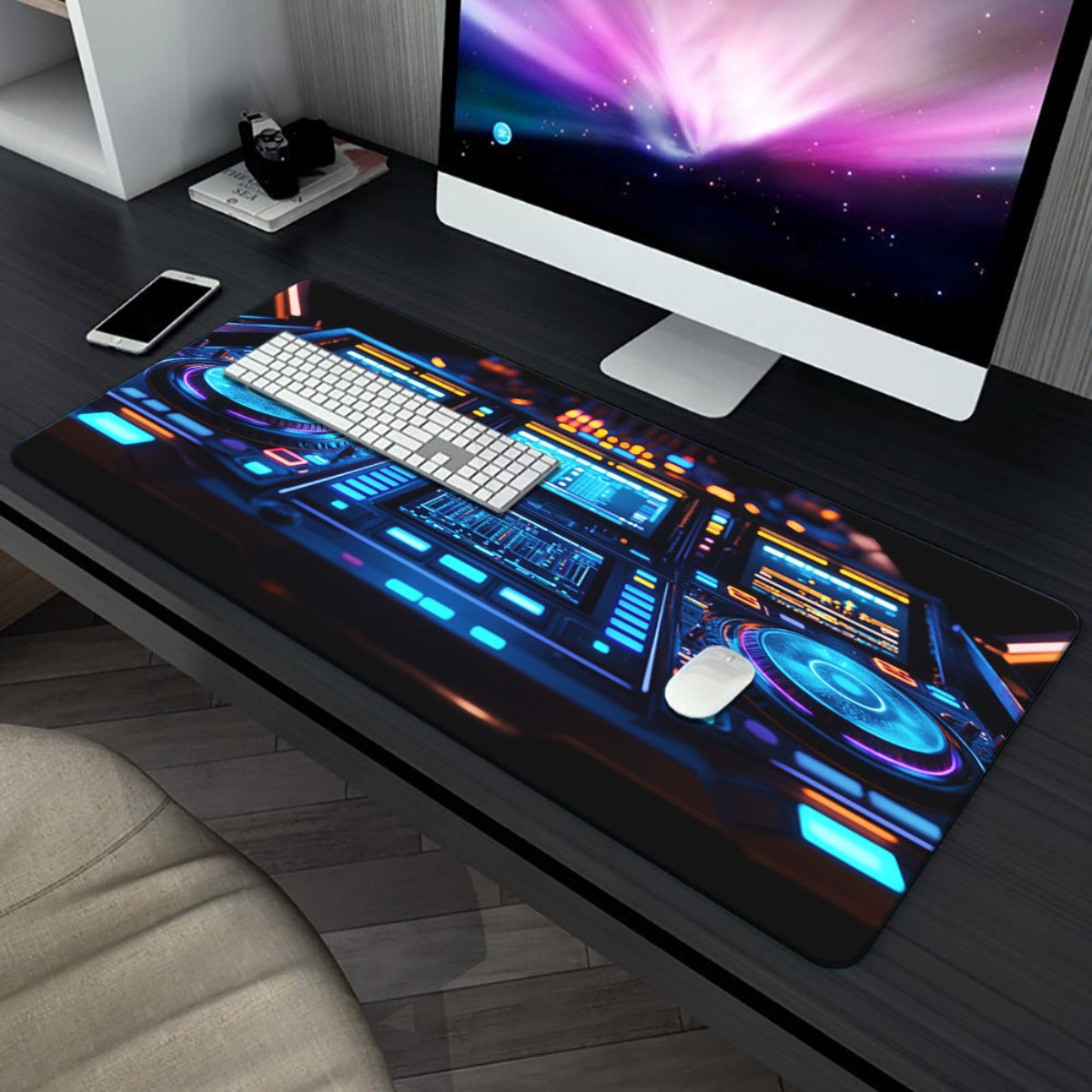 1pc DJ Equipment with Colorful Lights HD Printed Pad for Desk, Multi-Functional XXL Mousepad, Keyboard Gaming Mouse Mat, Office Computer PC Gamer Desk Mat, Gifts for Family Friends