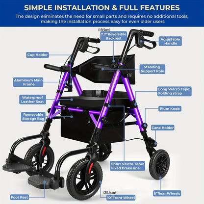Foldable Rollator Walker with Seat - Heavy-Duty 300 lb Capacity, Lightweight 2-in-1 Mobility Aid with Adjustable Height Seat & Handle, All-Terrain Wheels, Linear Brakes, Ergonomic Backrest & Cushioned Seat - Ideal for Seniors