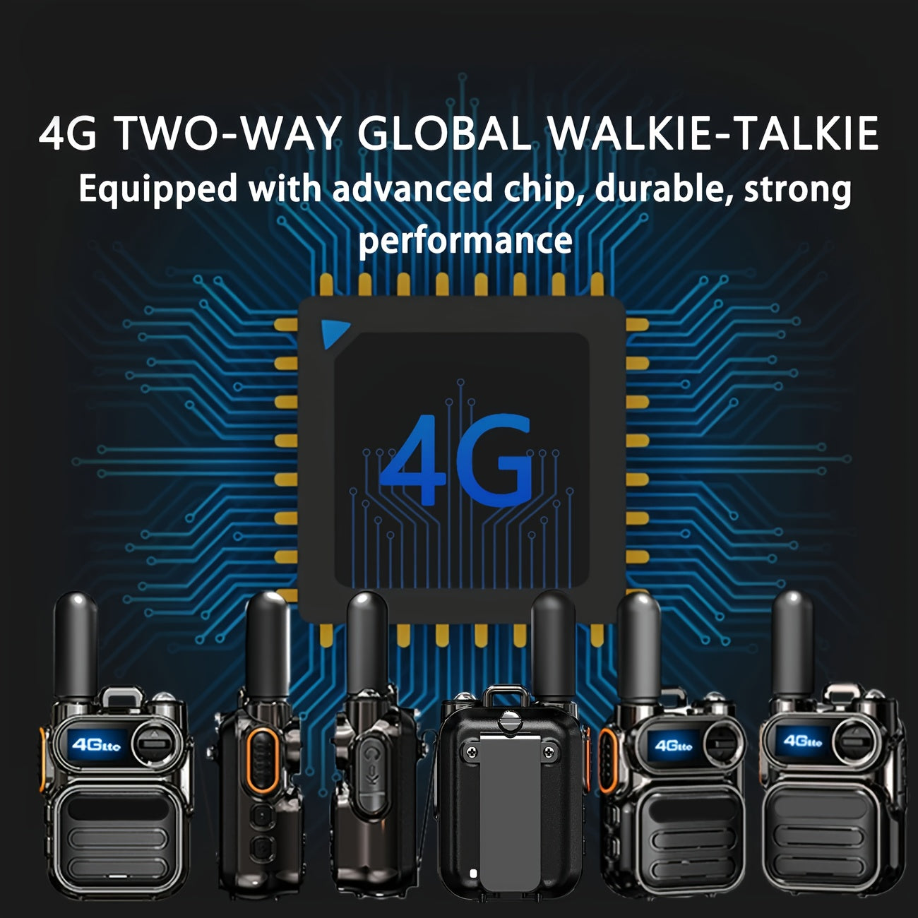 A set of 4 black global walkie-talkies for public use: 4G PoC walkie-talkies with powerful 4G signal, three types of lights that can be switched freely, easily covering 5000 kilometers, meeting the needs of home and professio