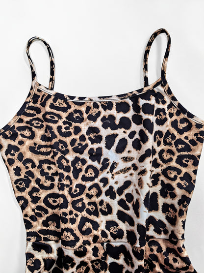 Fashion Casual Vacation Outfit for All Seasons - Women's Sexy Leopard Print Jumpsuit - Sleeveless Crew Neck Backless Palazzo Pants - 95% Polyester 5% Elastane Knit Fabric