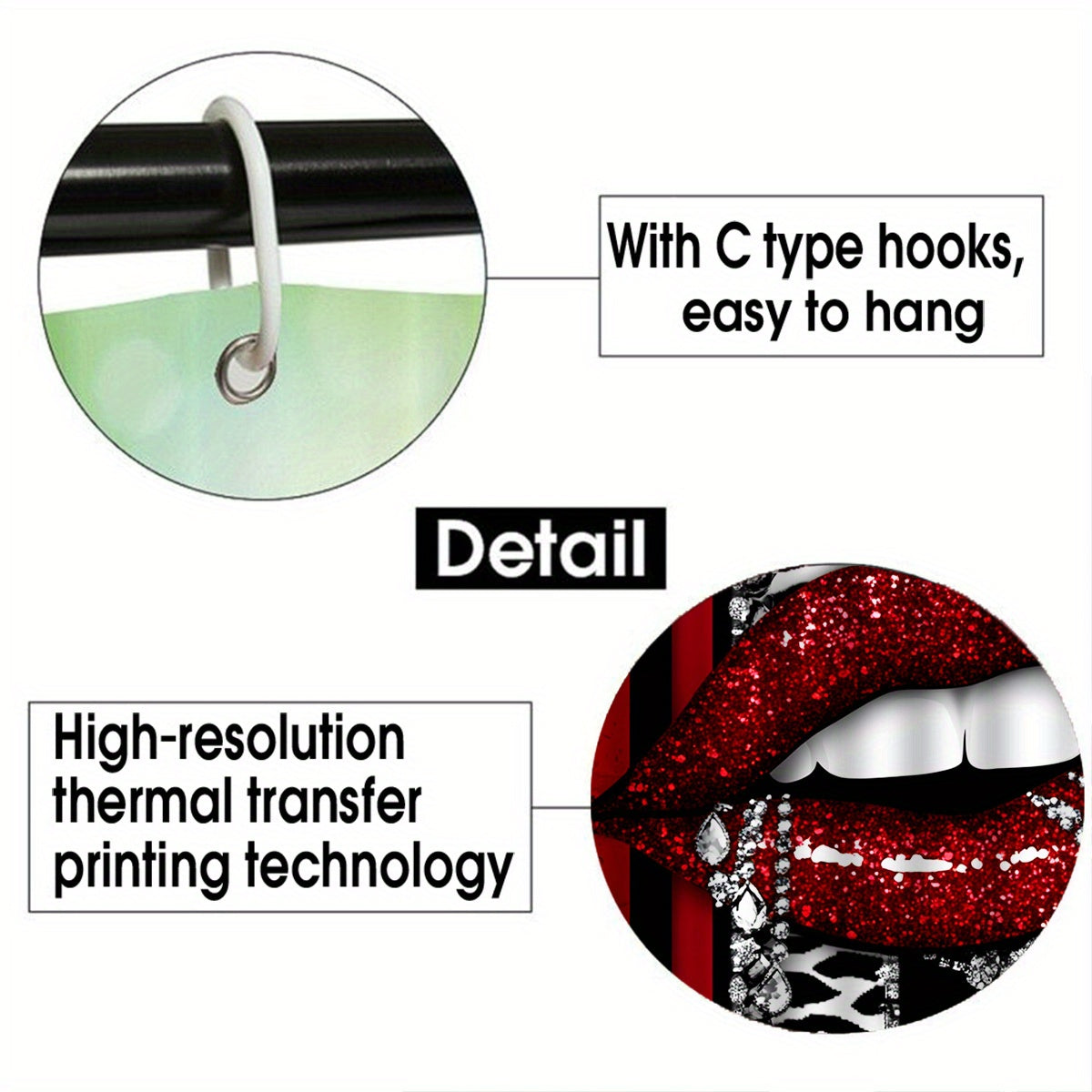 Sexy Red Lips Print 4pcs Bathroom Set with 12 Hooks - High Quality Shower Curtain, Anti-Slip Bath Mat, Toilet Cover & U-Shaped Carpet - Glitter Accent Black & Red Design, Machine Washable Luxury Bath Decor for Modern Homes