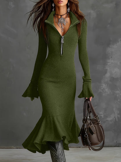 Plus Size - HERTALK2025 Autumn Fashion And Elegant Style Zipper Lapel Flared Sleeve Fishtail Dress