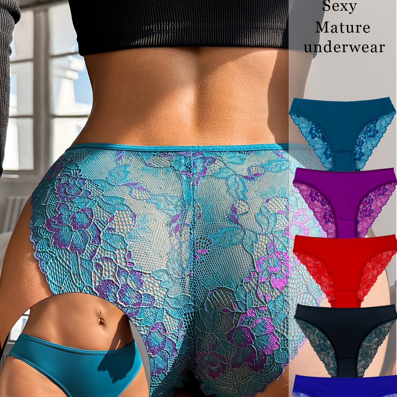 5pcs Women's Brief Underwear - Sexy Contrast Lace, Semi-Sheer Polyamide Knit Fabric - Elegant Drop Waist | Smooth & Soft | Hand Wash Only