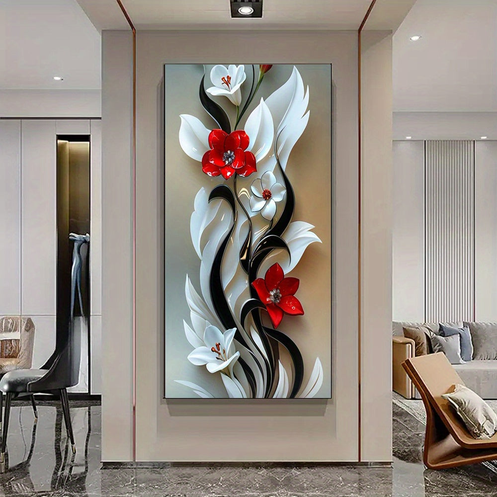 DIY 5D Diamond Painting Set, Various Sizes 50*100cm 19.68*39.37inch; 60*120cm 23.62×47.24inch, Black and White Flower Decorated Red and White Theme. Suitable for Home and Office Decoration. Full Diamond Canvas Art Furniture