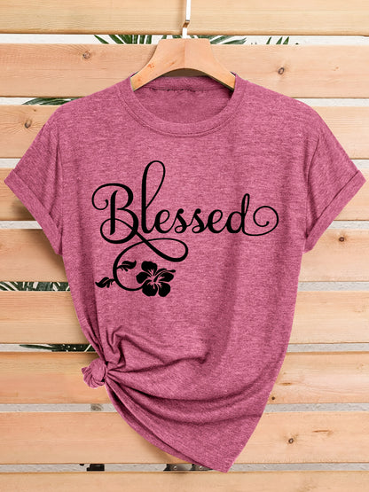 Women's Casual Short Sleeve T-Shirt - Blessed Floral Print Retro Style, Soft Stretch Round Neck Top, Machine Washable All-Season Comfort, Multi-Color Options S-XXL, Ladies T Shirts