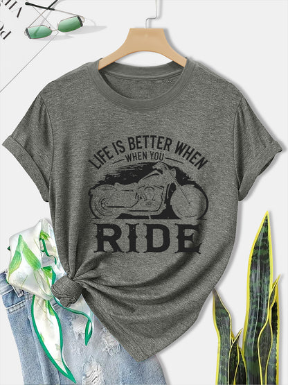 Women'S Motorcycle Graphic Long Sleeve T-Shirt - Turquoise Riding Slogan Print, Loose Fit Casual Top with Round Neck, All-Season Comfort for Motorcycle Enthusiasts, Outdoor Riding & Casual Attire, Breathable & Durable Apparel