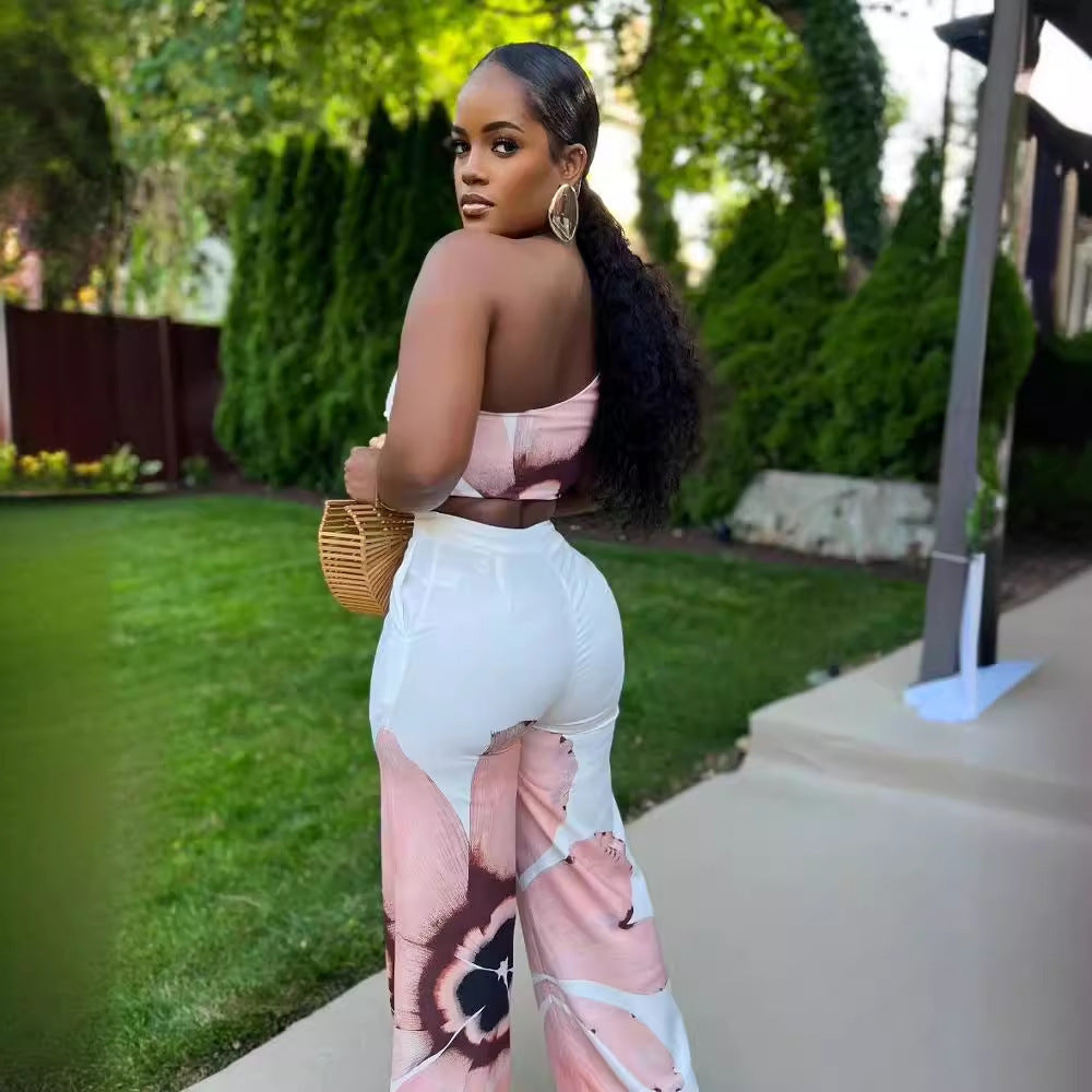 D9738 Women'S Y2K Fashion Floral Print One-Shoulder Slim Fit Wide-Leg Pants Two-Piece Set - Sexy Spring/Fall Outfit, Spring Fashion|Sleek Shoulder Design|Polyester Fabric