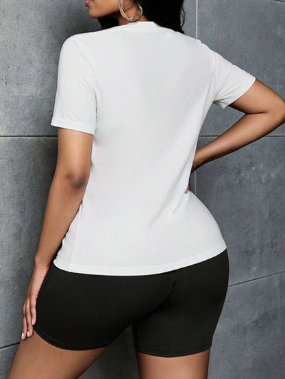 INAWLY 2pcs/Set Women Summer Letter Print Round Neck Short Sleeve T-Shirt And Shorts Casual Outfit