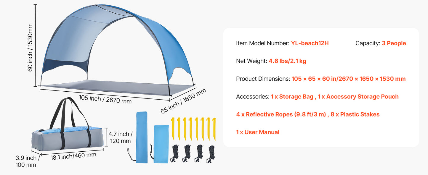 SucceBuy Beach Tent Sun Shelter for 3/4 Person UPF 50+ Protection Portable Sun Shade Canopy for Camping Fishing Outdoor Picnic