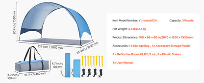SucceBuy Beach Tent Sun Shelter for 3/4 Person UPF 50+ Protection Portable Sun Shade Canopy for Camping Fishing Outdoor Picnic