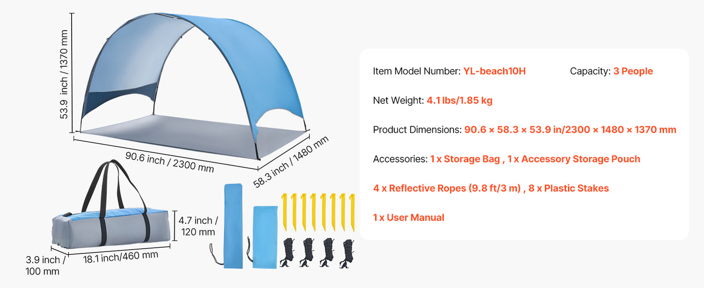 SucceBuy Beach Tent Sun Shelter for 3/4 Person UPF 50+ Protection Portable Sun Shade Canopy for Camping Fishing Outdoor Picnic