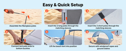 SucceBuy Beach Tent Sun Shelter for 3/4 Person UPF 50+ Protection Portable Sun Shade Canopy for Camping Fishing Outdoor Picnic