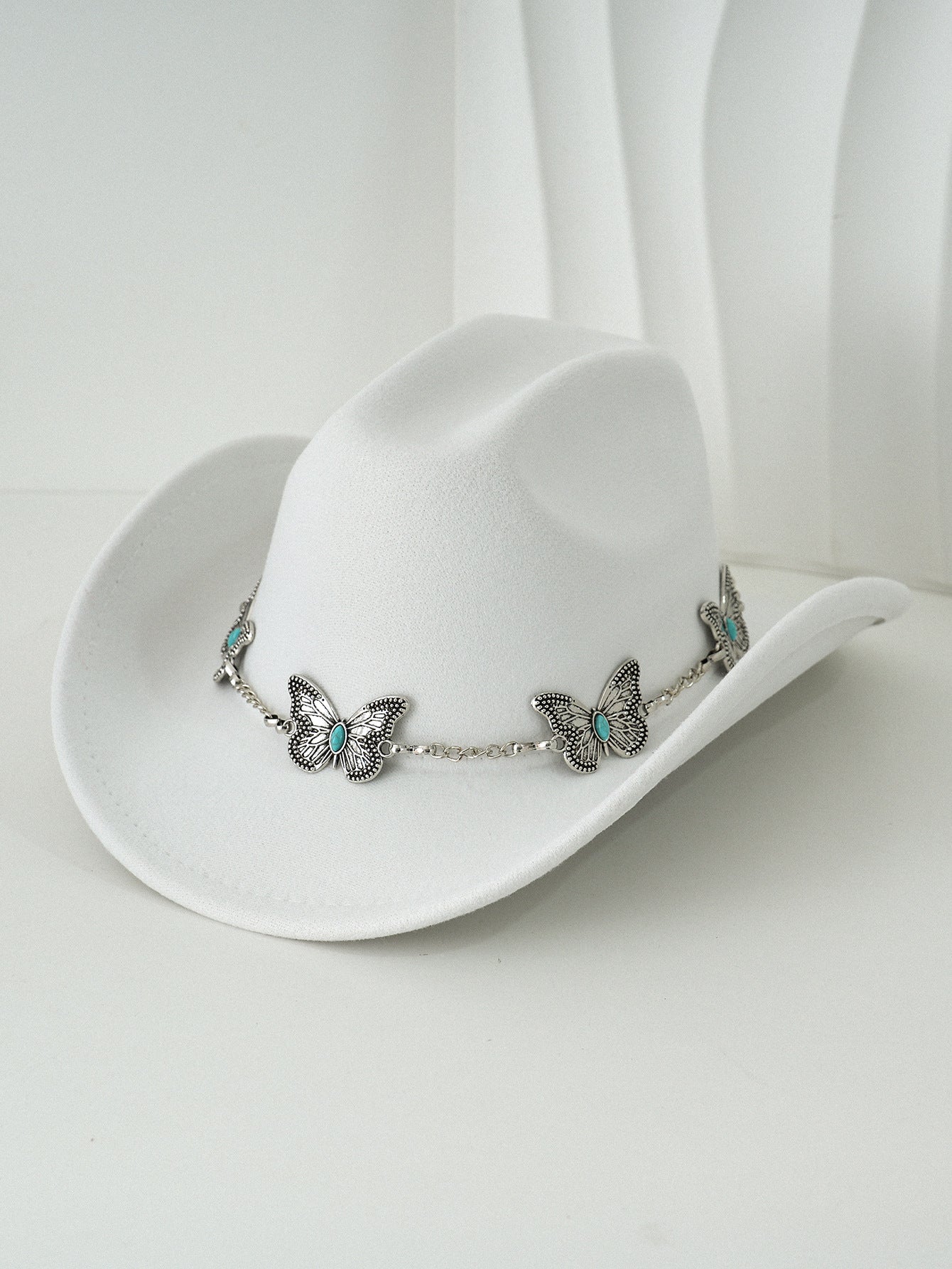 Women'S Bohemian Turquoise & White Cowboy Hat - Felt Wide Brim Sun Hat with Butterfly Metal Chain Accent, Non-Stretch Formal & Western Style for Christmas, Festivals, Casual Attire - Hand Washable Elegant Felt Cowboy Cap, Cow